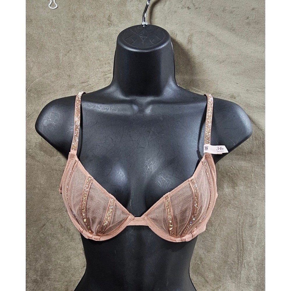 Victorias Secret Rhinestone Mesh Unlined Demi Bra Rose Gold 34B New